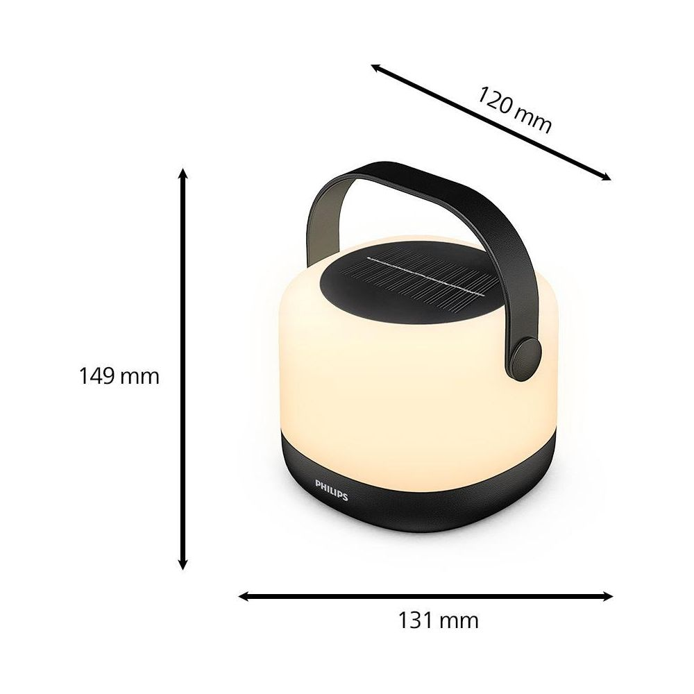 Lanterna portatile con manico, pannello solare in alto. Misure 149x131x120mm.
