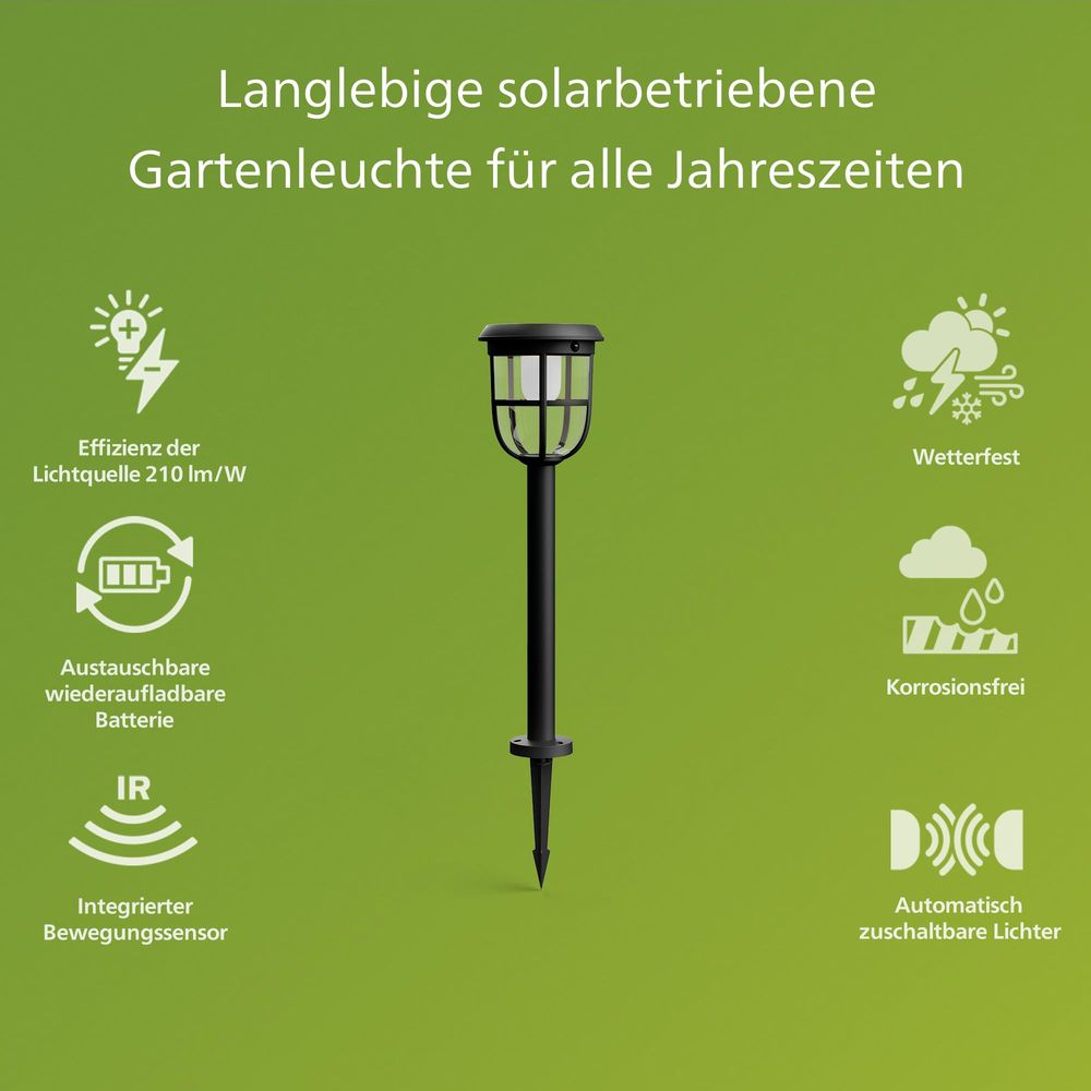 Lampada solare da giardino nera con caratteristiche come resistenza alle intemperie e sensore di movimento.