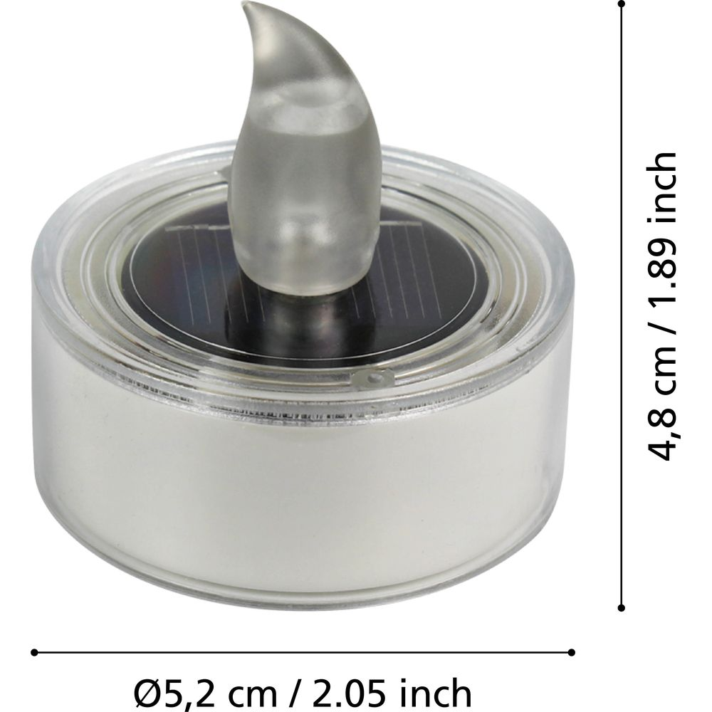 Kleine LED-Teelichtkerze mit Solarpanel, Höhe 4,8cm, Breite 5,2cm.