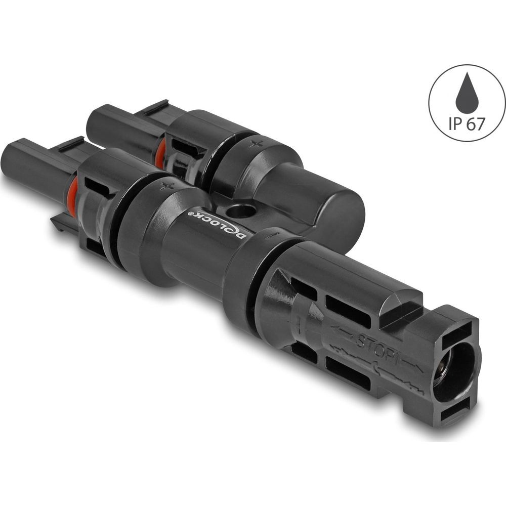 Connettore nero con anello rosso, simbolo IP67 in alto a destra.
