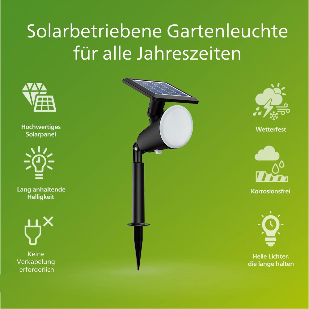 Solarbetriebene Gartenleuchte mit Solarpanel, wetterfest und korrosionsfrei.