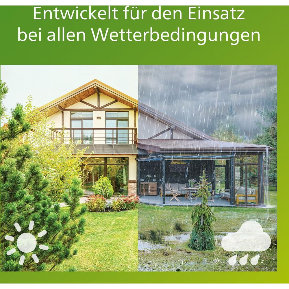 Haus bei Sonnenschein und Regen: Terrasse mit Möbeln im Regen.