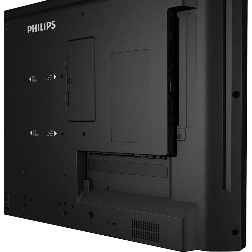 Parte trasera de un televisor Philips con puertos y puntos de montaje en pared.