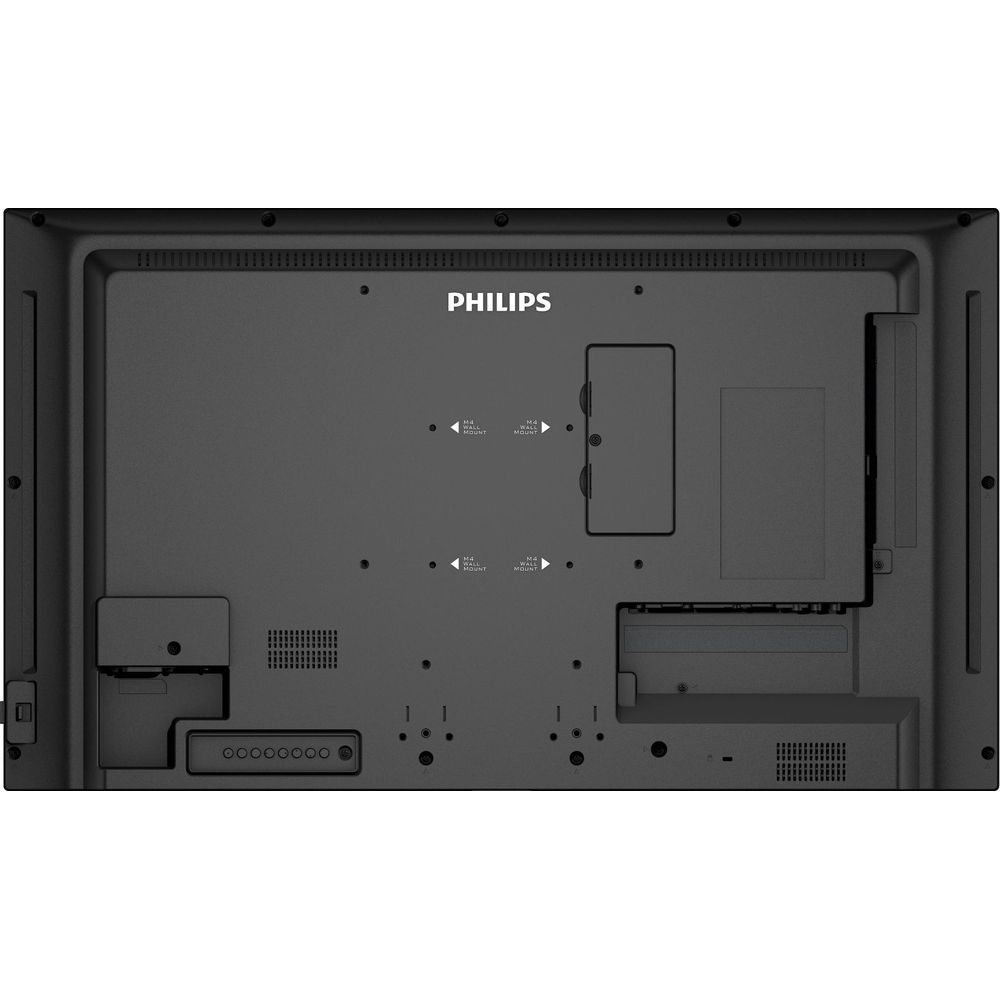 Parte trasera de un televisor Philips negro con puertos e indicadores.