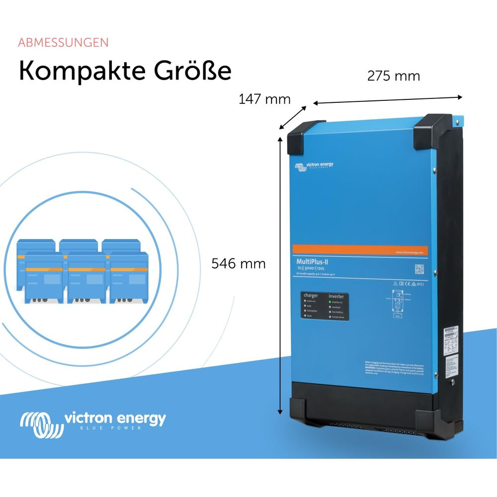 Blauer Victron Energy Wechselrichter mit Maßen 147x275x546mm.