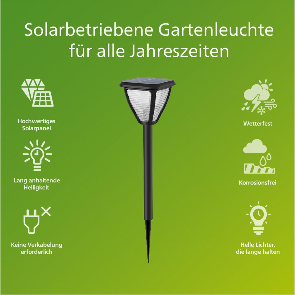 Solarbetriebene Gartenleuchte: hochwertig, wetterfest, korrosionsfrei.