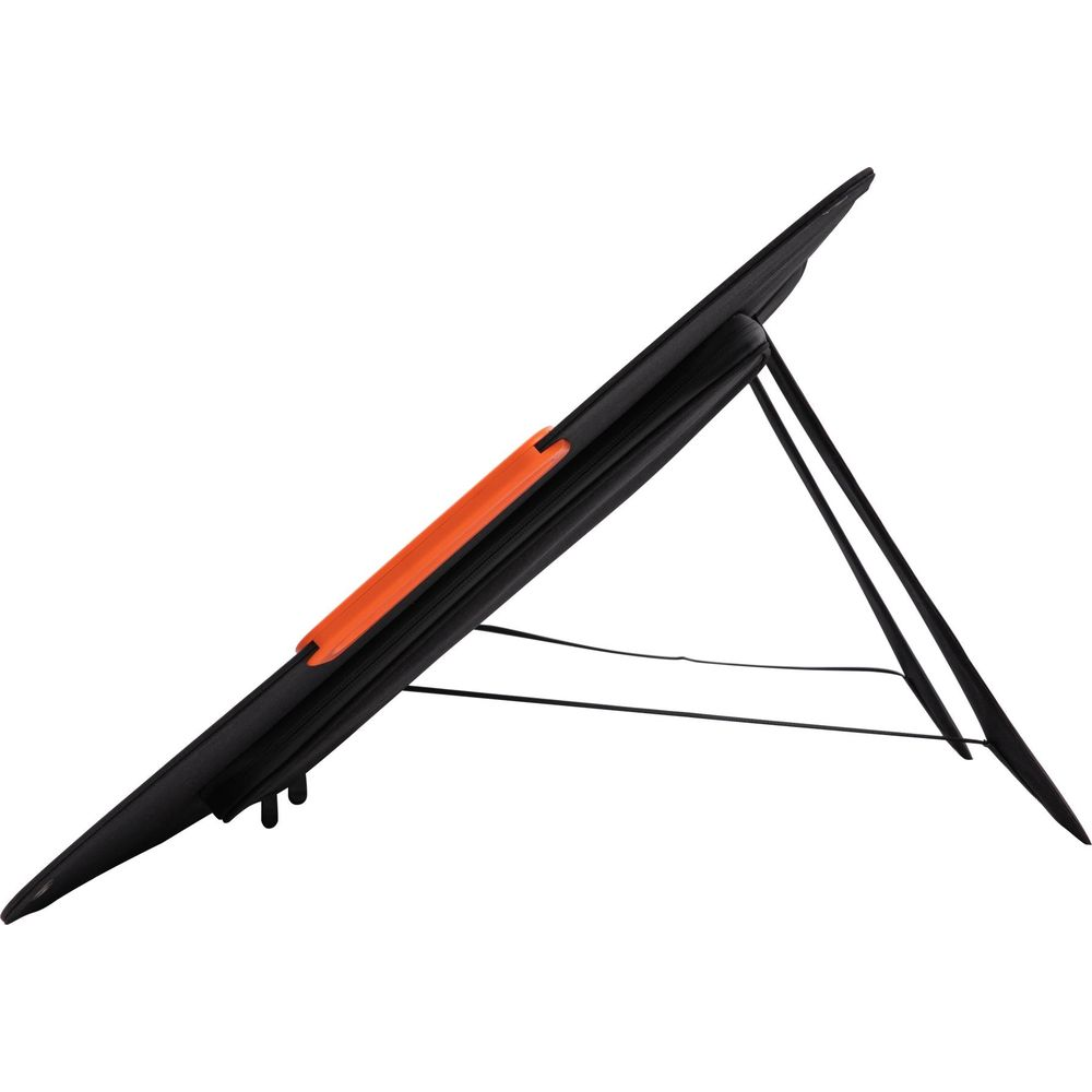 Składany panel słoneczny czarny z pomarańczowym uchwytem i stojakiem.