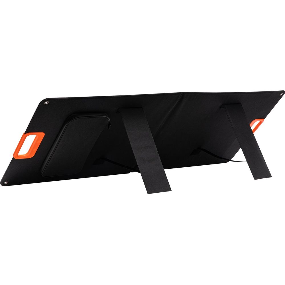 Czarny panel słoneczny z pomarańczowymi uchwytami i podpórkami.