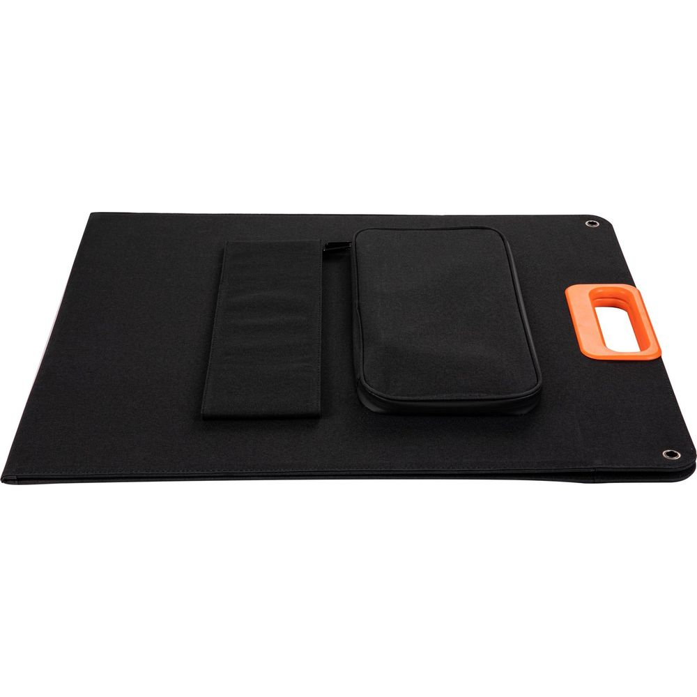 Czarny składany panel słoneczny z pomarańczowym uchwytem i etui na akcesoria.