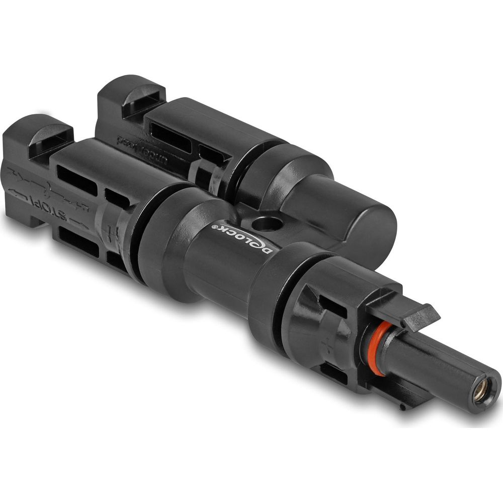 Due connettori per cavi solari neri, D-LOCK, con O-ring rossi.