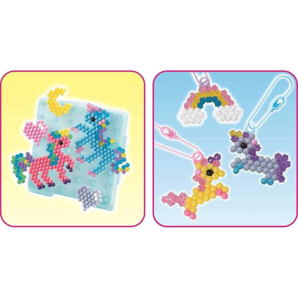 Bunte Perlen-Einhorn-Bastelsets auf blauem und gelbem Hintergrund.