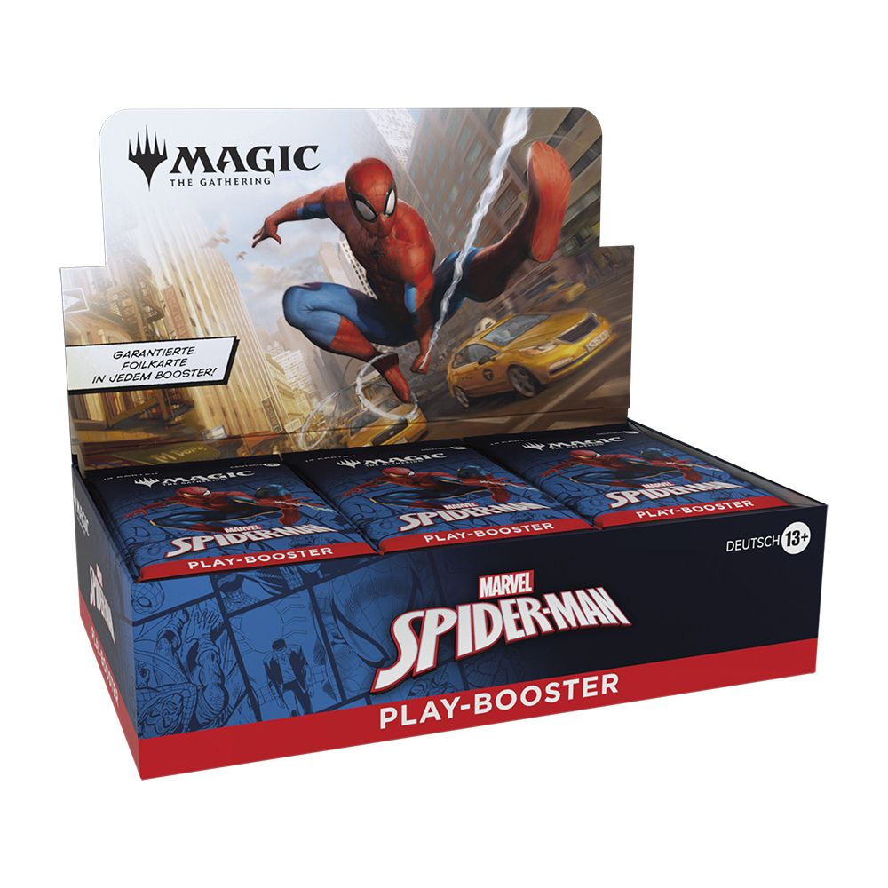 Boîte Magic the Gathering Spider-Man Play-Booster avec Spiderman en plein saut et un taxi jaune.