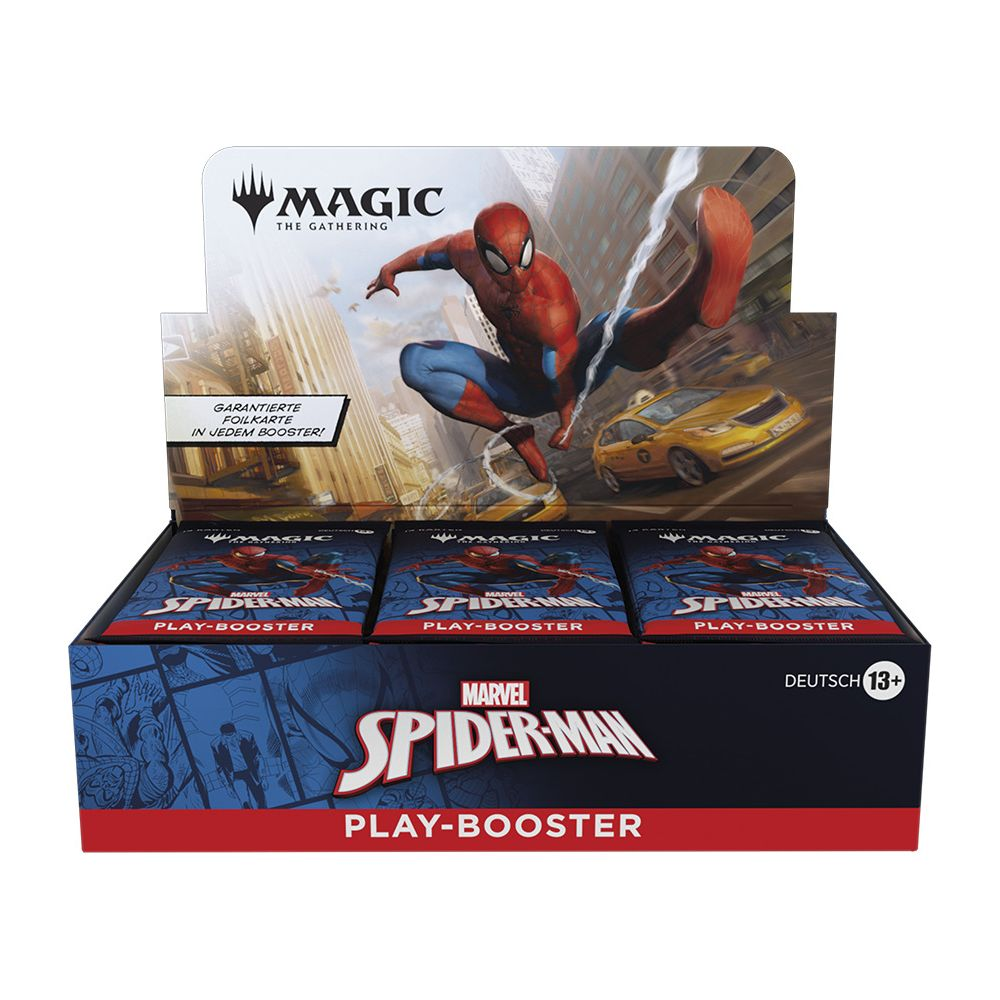 Présentoir Magic The Gathering Spider-Man Play-Booster avec Spiderman se balançant au-dessus d'une ville.