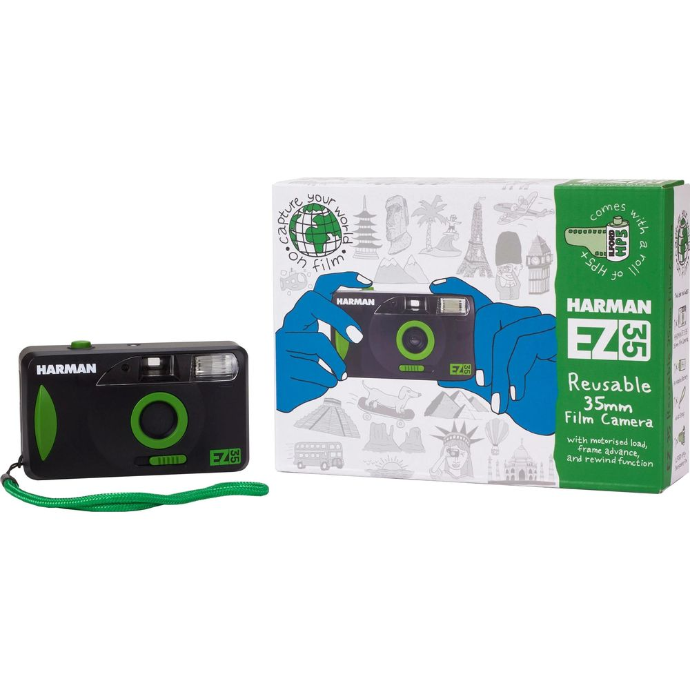 Een zwarte Harman EZ 35 herbruikbare filmcamera met groene riem naast de doos.
