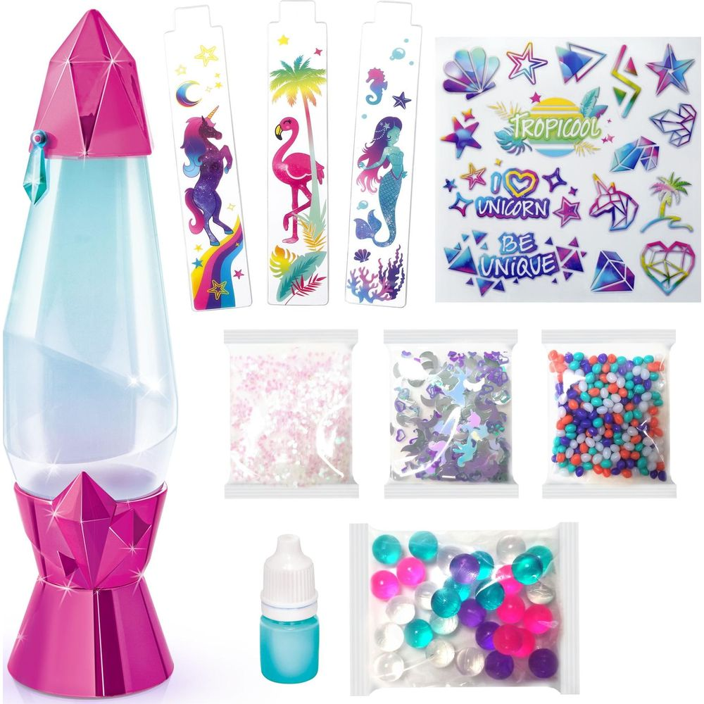 Zestaw zabawek do lampy lawy z brokatem, koralikami, naklejkami i małą buteleczką.