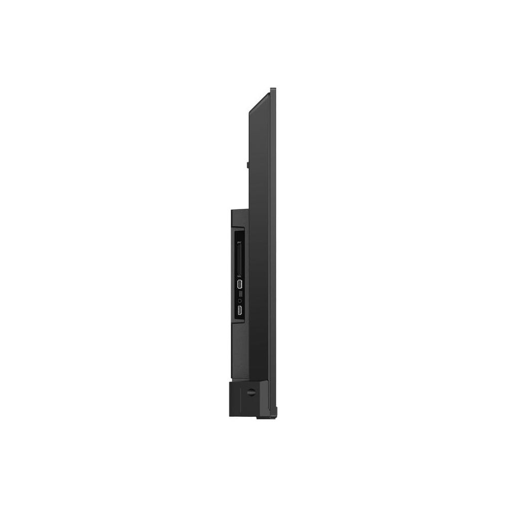 Side view of a slim black television with ports on its side.