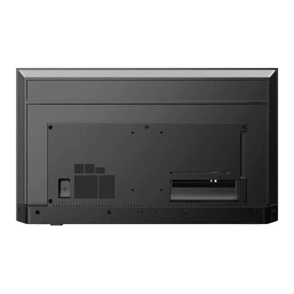 Back of a black television showing ports and mounting points.