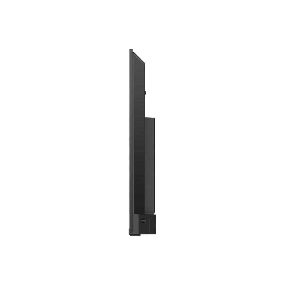 A black television viewed from the side on a white background.