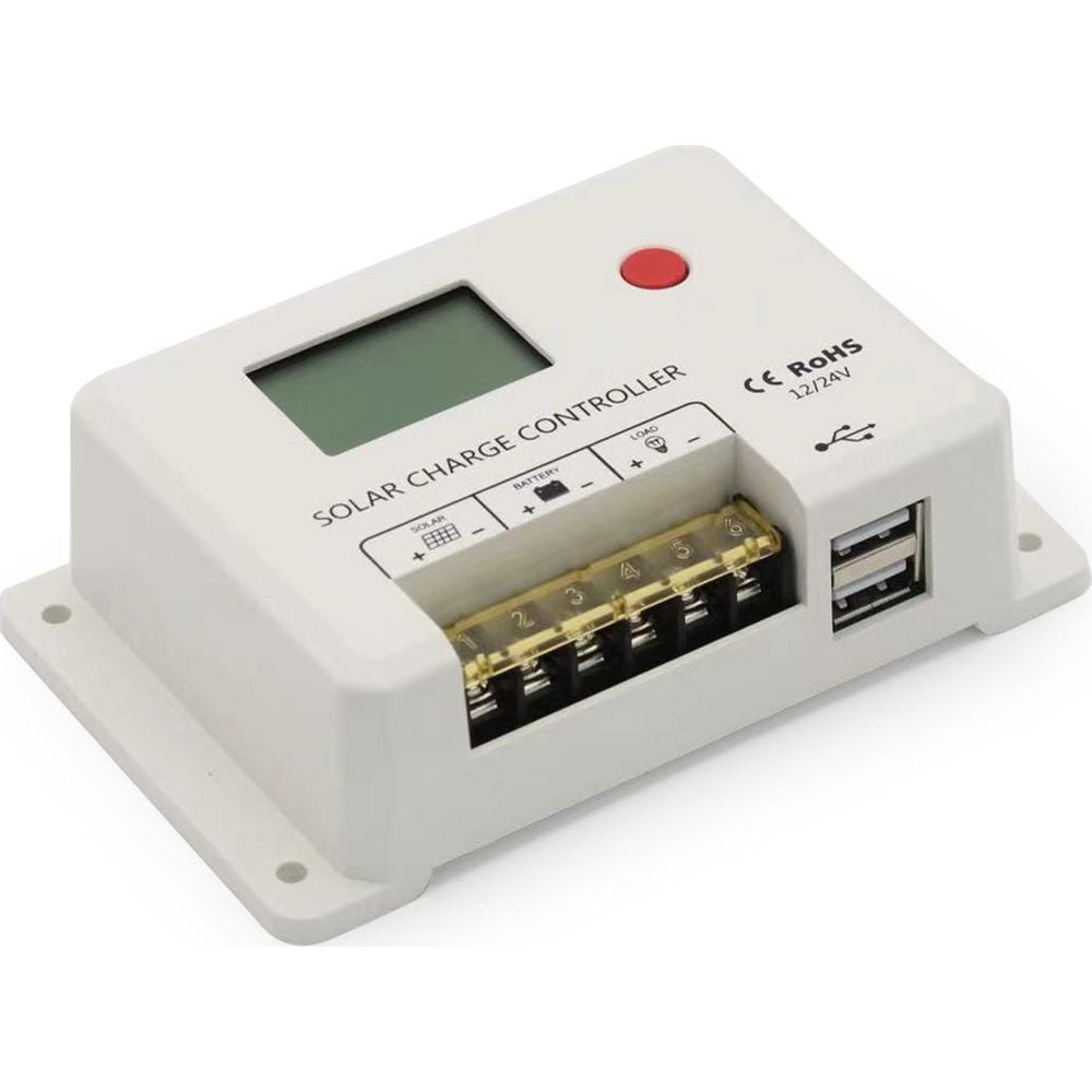 Un regolatore di carica solare bianco con schermo LCD, terminali e porte USB.