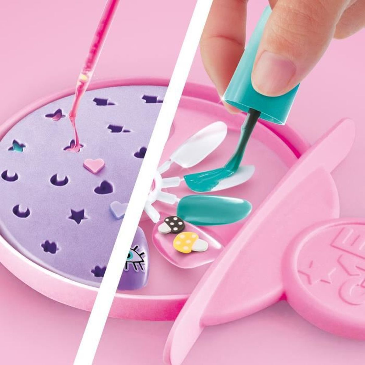 Set de arte de uñas con botella de esmalte y herramientas para aplicar patrones.