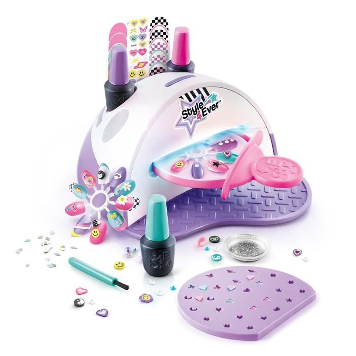 Un estudio de uñas de juguete con lámpara UV, esmalte, pegatinas y herramientas.