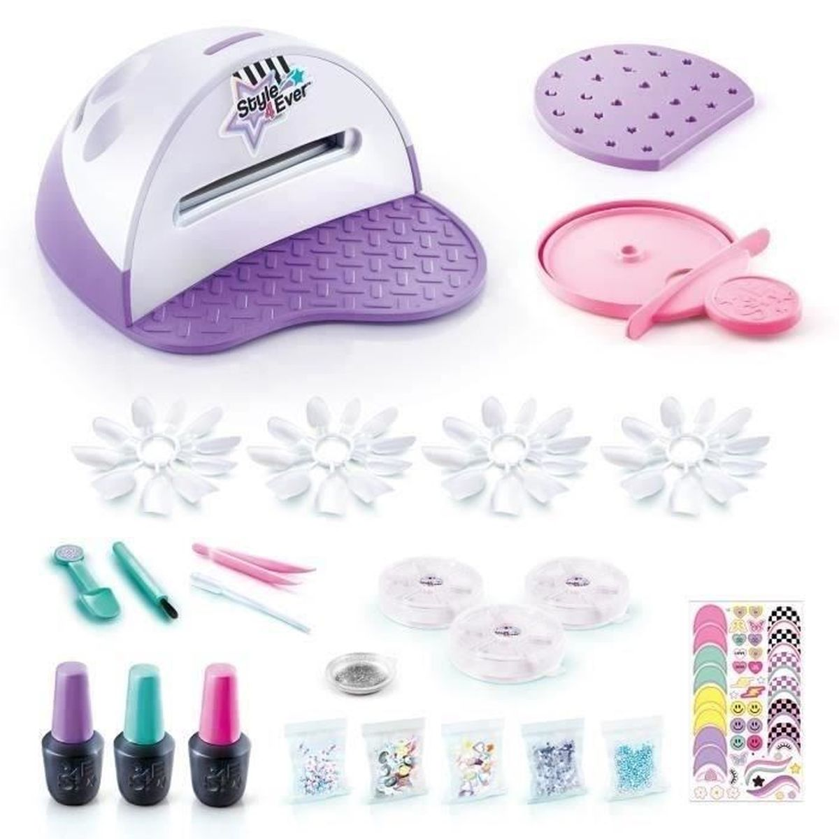 Un set de uñas de juguete con aparato, esmaltes, pegatinas y adornos.