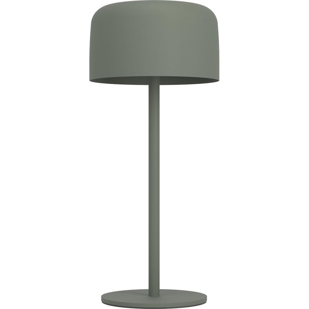 Eine graue Stehlampe mit rundem Fuß, schlankem Stiel und kuppelförmigem Schirm.