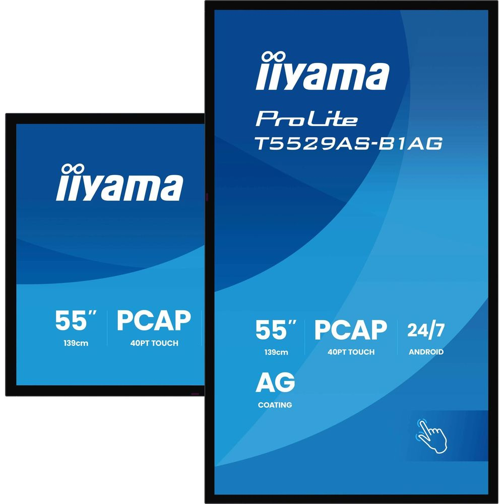Twee Iiyama-monitoren tonen specificaties: 55" PCAP, 139cm, 40PT TOUCH, Android.