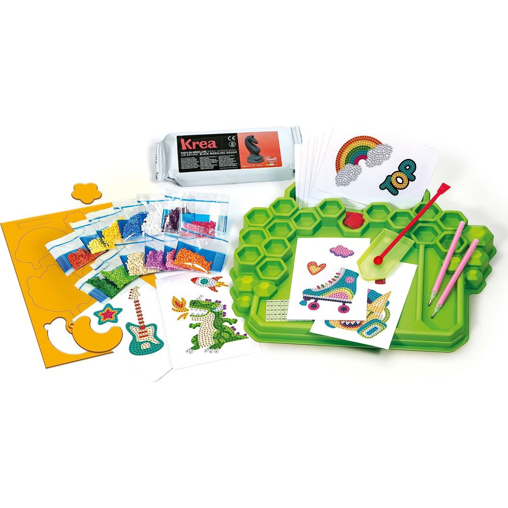 Zestaw kreatywny z koralikami, szablonami i narzędziami.