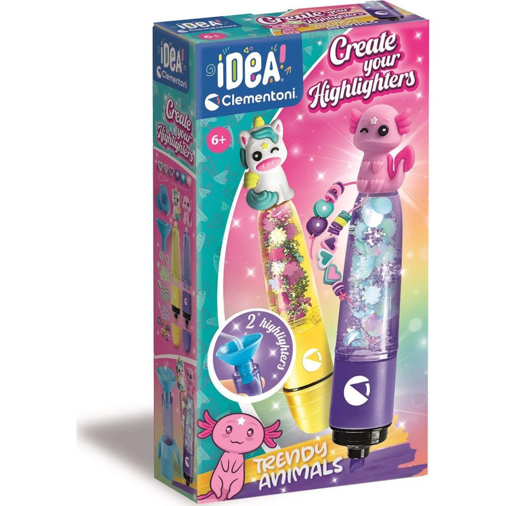 Kreatywny zestaw do tworzenia zakreślaczy z figurkami jednorożca i aksolotla.
