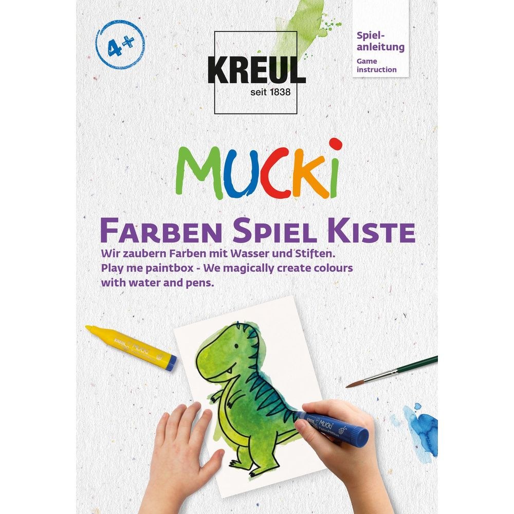 Kinder malen einen grünen Dinosaurier mit Stiften und Wasserfarben auf Papier.