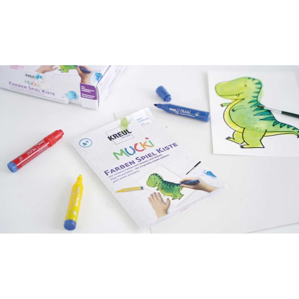 Malsachen mit Dinosaurier-Motiv: Stifte, Malbuch und Box.