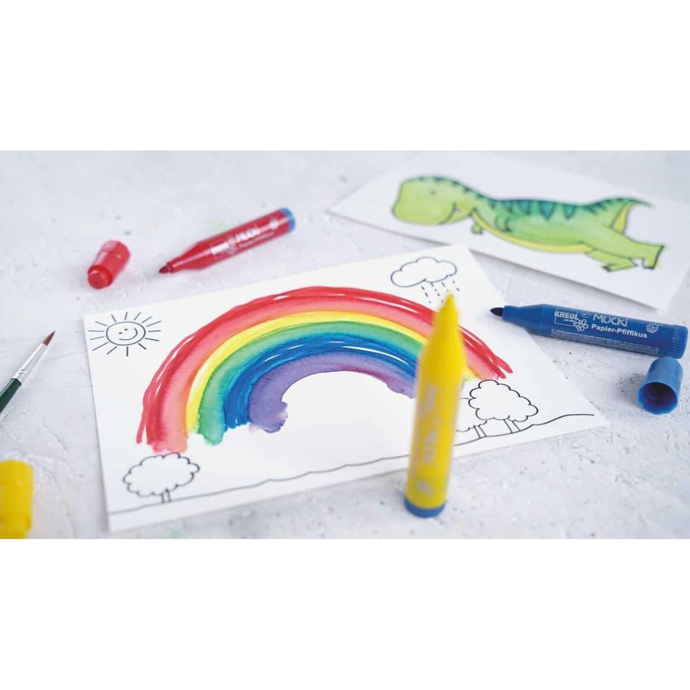 Bunte Regenbogenzeichnung mit Stiften und einem Dino-Bild.