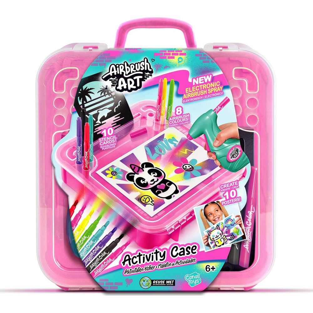 Różowa walizka artystyczna do airbrush z pistoletem, markerami i kartami szablonów.