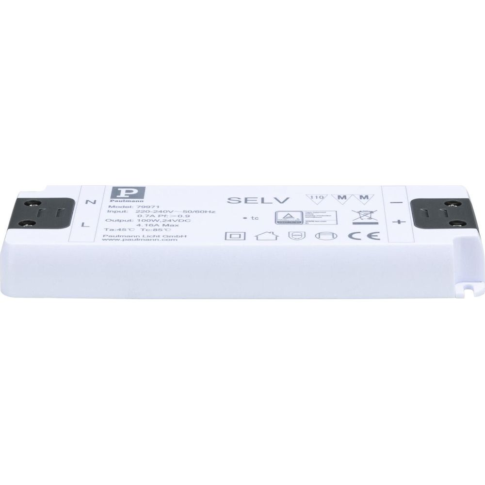 Biały zasilacz z napisem Paulmann, SELV, wejście 220-240V, wyjście 100W 24VDC.
