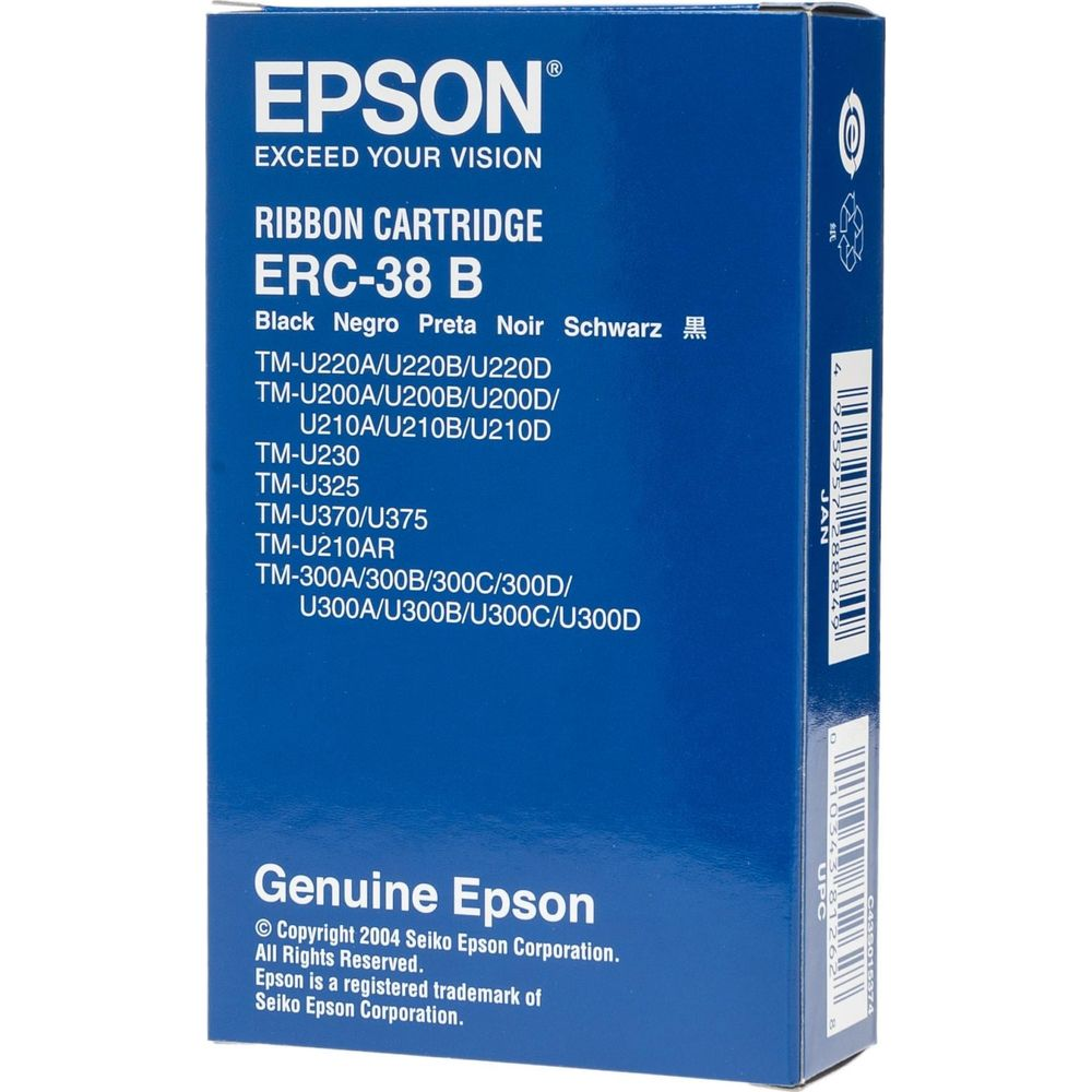 Scatola blu Epson con nastro inchiostrato nero ERC-38 B per stampanti.