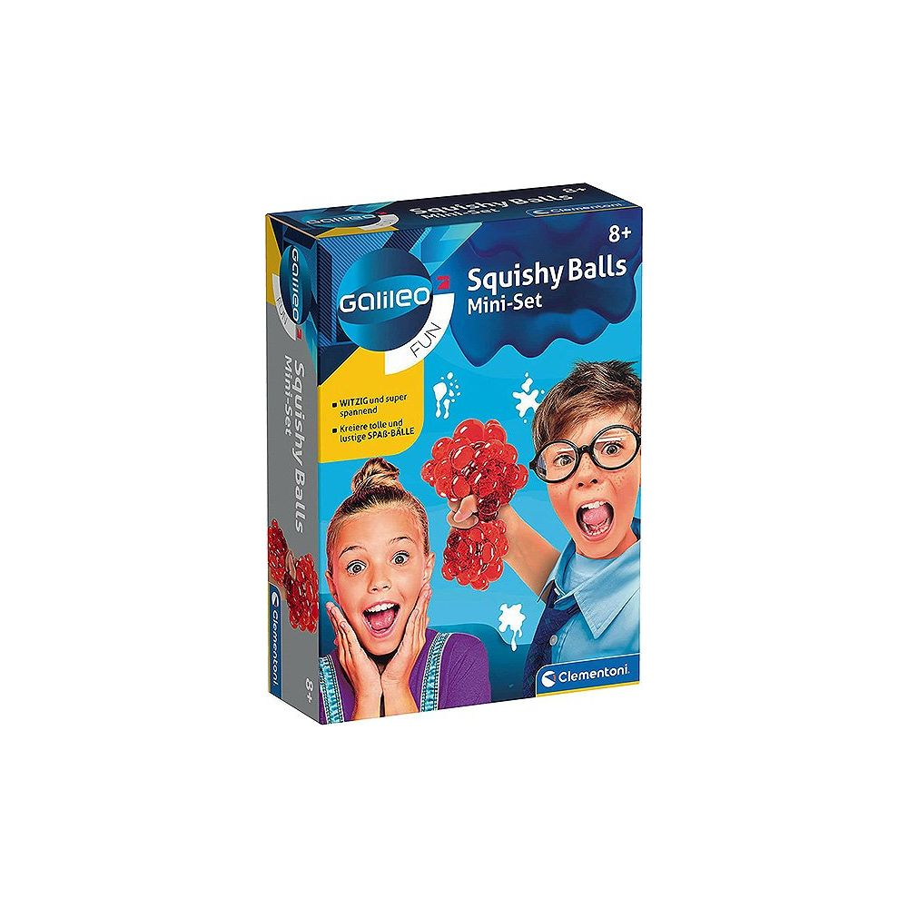 Verpackung für Galileo Squishy Balls Mini-Set mit Kindern und roten Bällen.