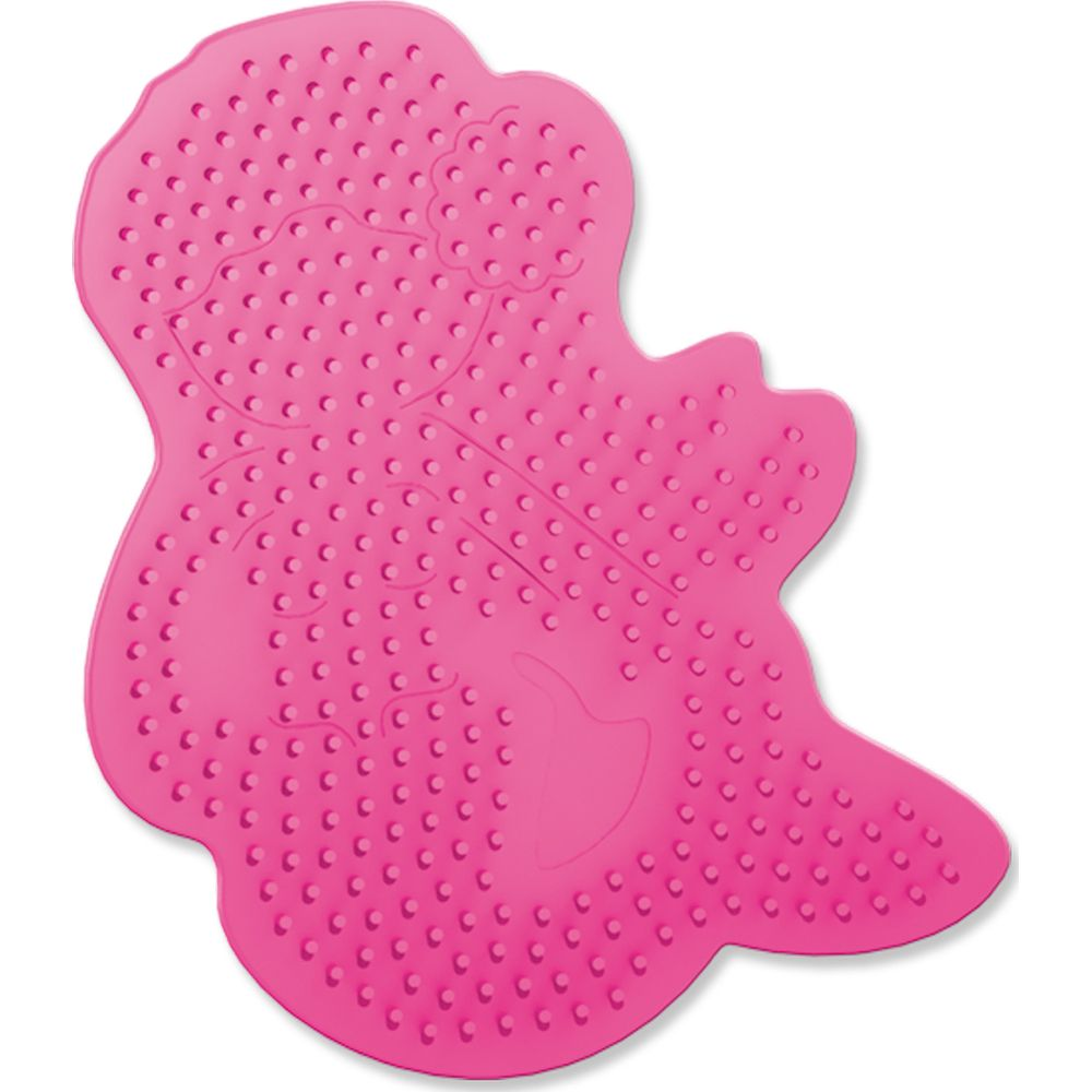 Una alfombrilla de goma rosa con forma de gato, con protuberancias y cabeza de gato en relieve.