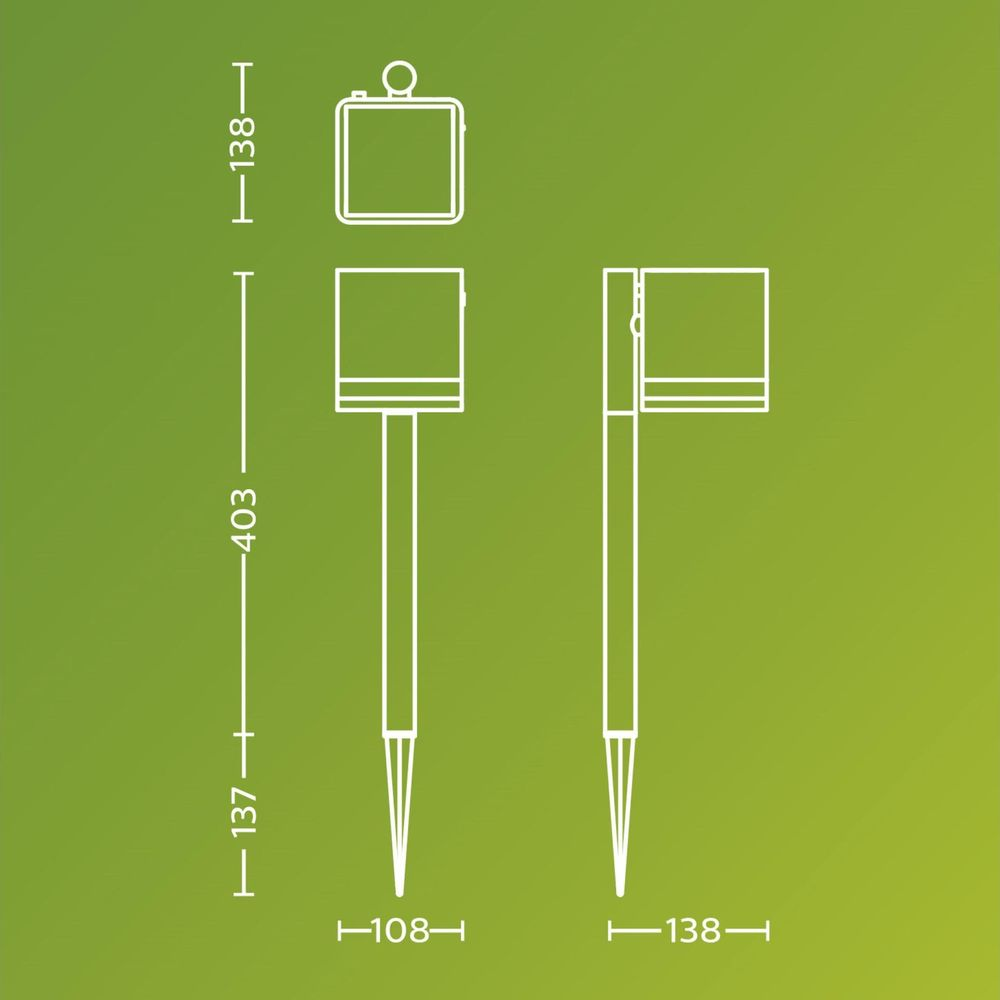 Disegno tecnico di tre luci da giardino con dimensioni.