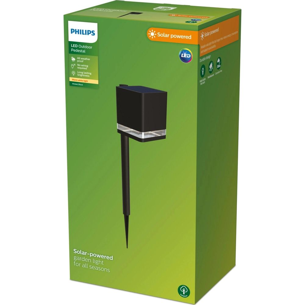 Confezione lampada da giardino a LED da esterno solare Philips. Luce nera, scatola verde.