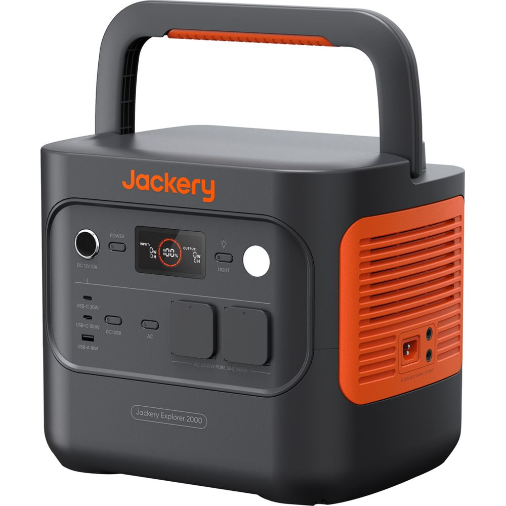 Jackery Explorer 2000: Grauer Powerstation mit orangefarbenen Akzenten, Griff und Display.