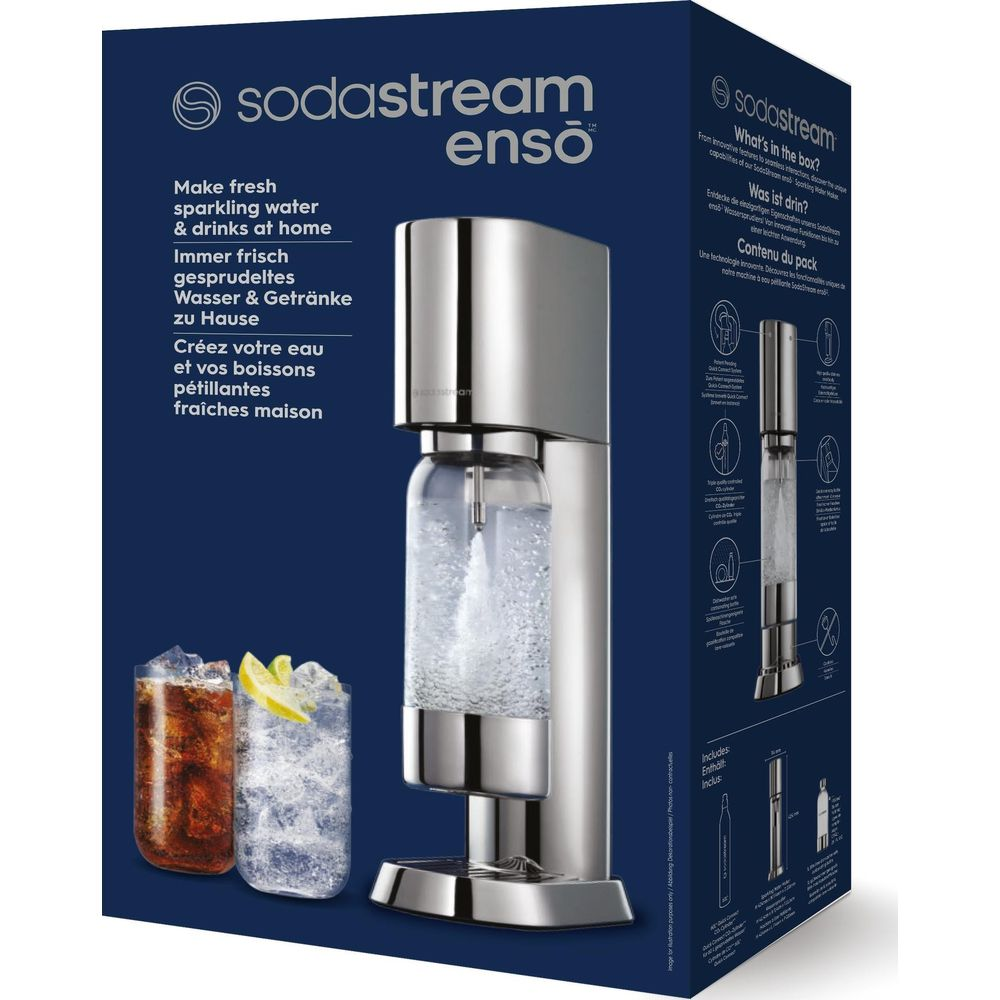 Una macchina per acqua frizzante SodaStream con due bevande, bottiglia e bombola di CO2.