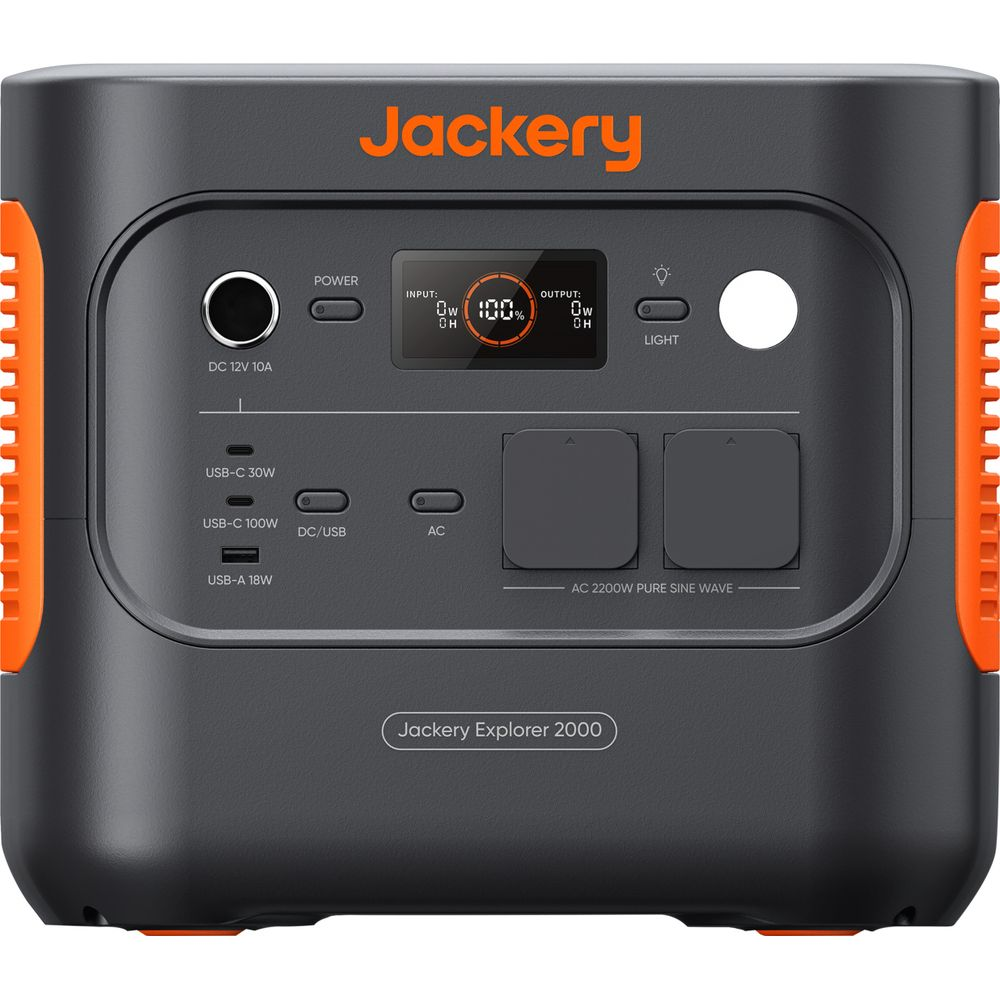Graues Jackery Explorer 2000 Kraftwerk mit orangefarbenen Akzenten und einem Display.