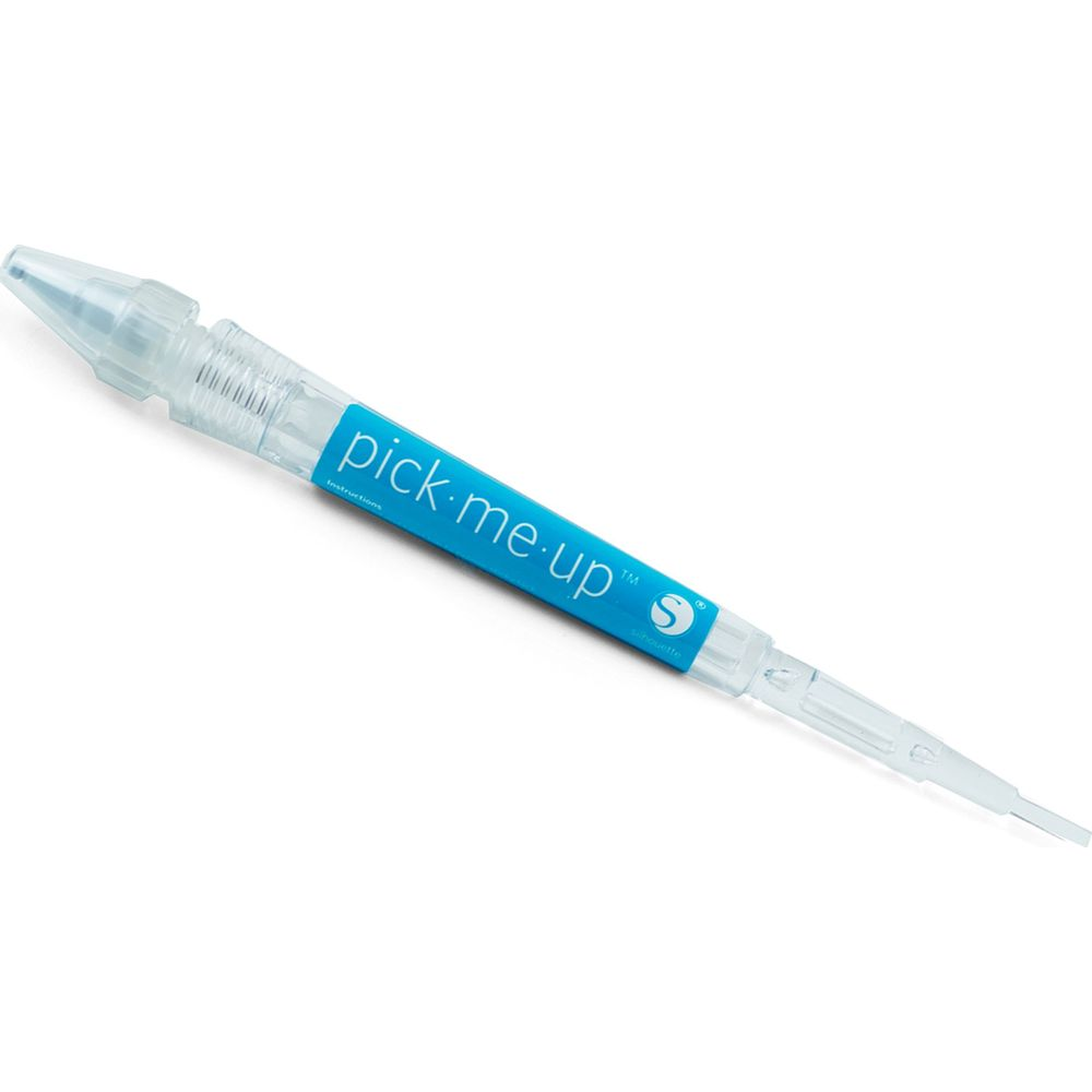 Ein transparenter Stift mit blauer Beschriftung 'pick-me-up'.