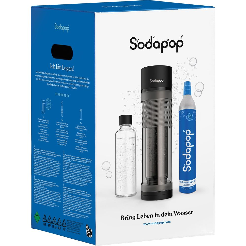 Sodapop Wassersprudler-Set mit Flasche und CO2-Zylinder in der Verpackung.