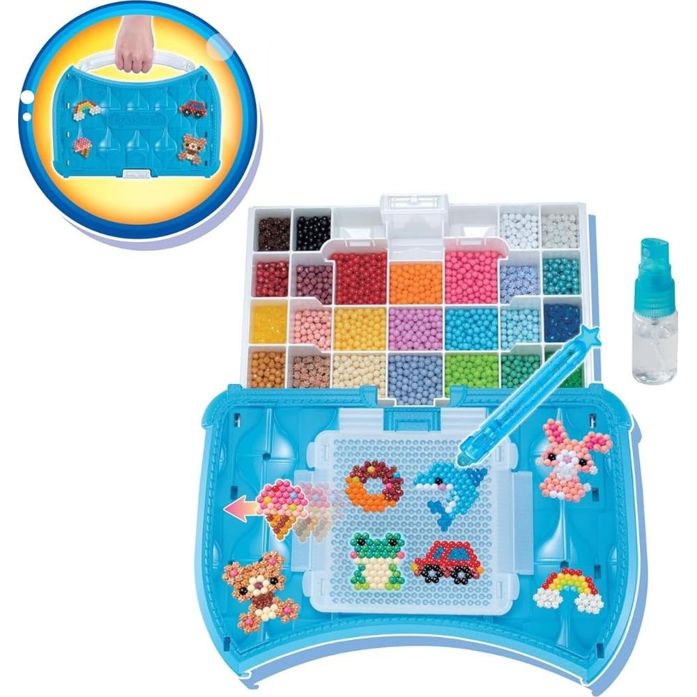 Kit de manualidades con cuentas de colores, herramientas y plantillas de animales.