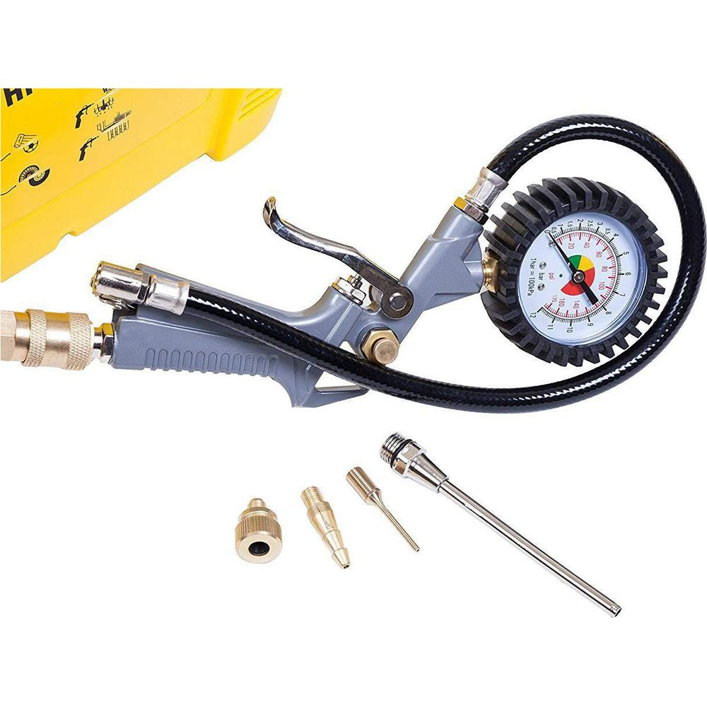 A tire inflator tool with a pressure gauge and various nozzles.