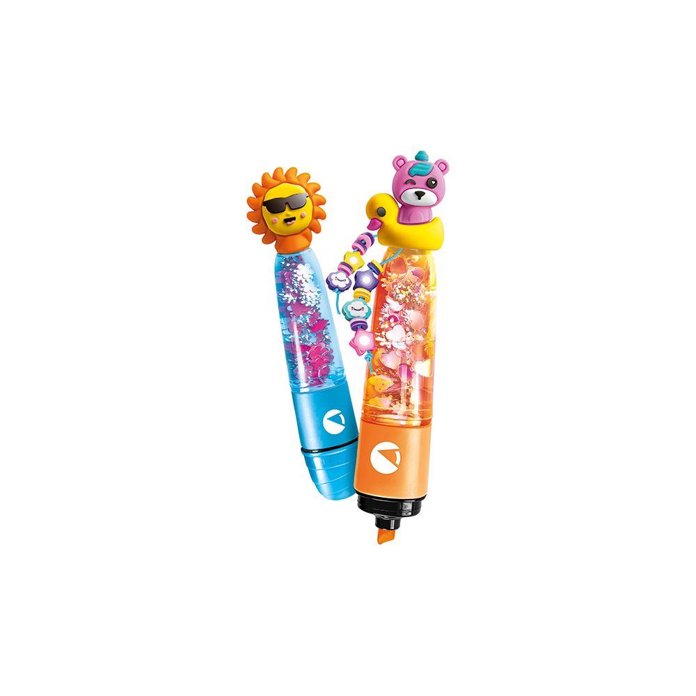 Dwa kolorowe pisaki z figurkami i brokatem. Jeden ma słońce, drugi misia.