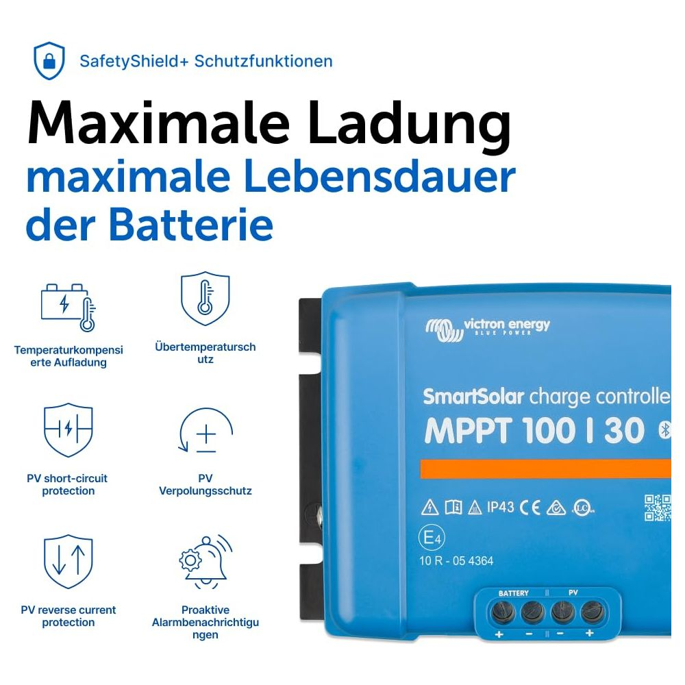 Regolatore di carica blu Victron SmartSolar MPPT 100 I 30 con funzioni di sicurezza.