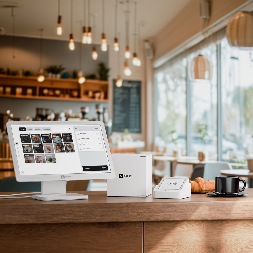 Ein POS-System mit Touchscreen, Drucker und Kartenleser auf einer Holzkasse.